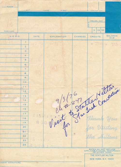 Statler Hilton 3-night receipt 9-3to5-1976