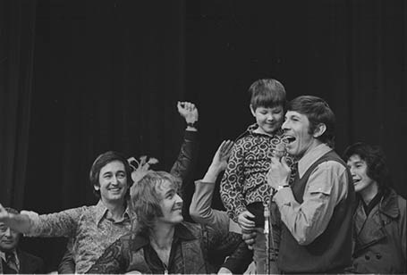 February 11 1973. Leonard Nimoy with Danny at the Variety Club Telethon. Also pictured is Bob McGrath from Sesame Street Negative # 73- 452. Glenn Baglo / Vancouver Sun